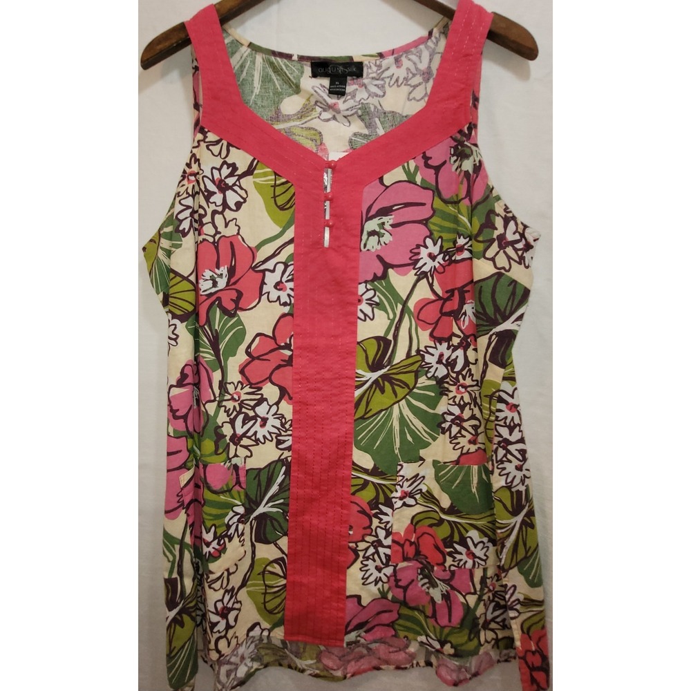 August Silk Tunic Top Sleeveless Tropical Floral Linen Blend Pockets XL New